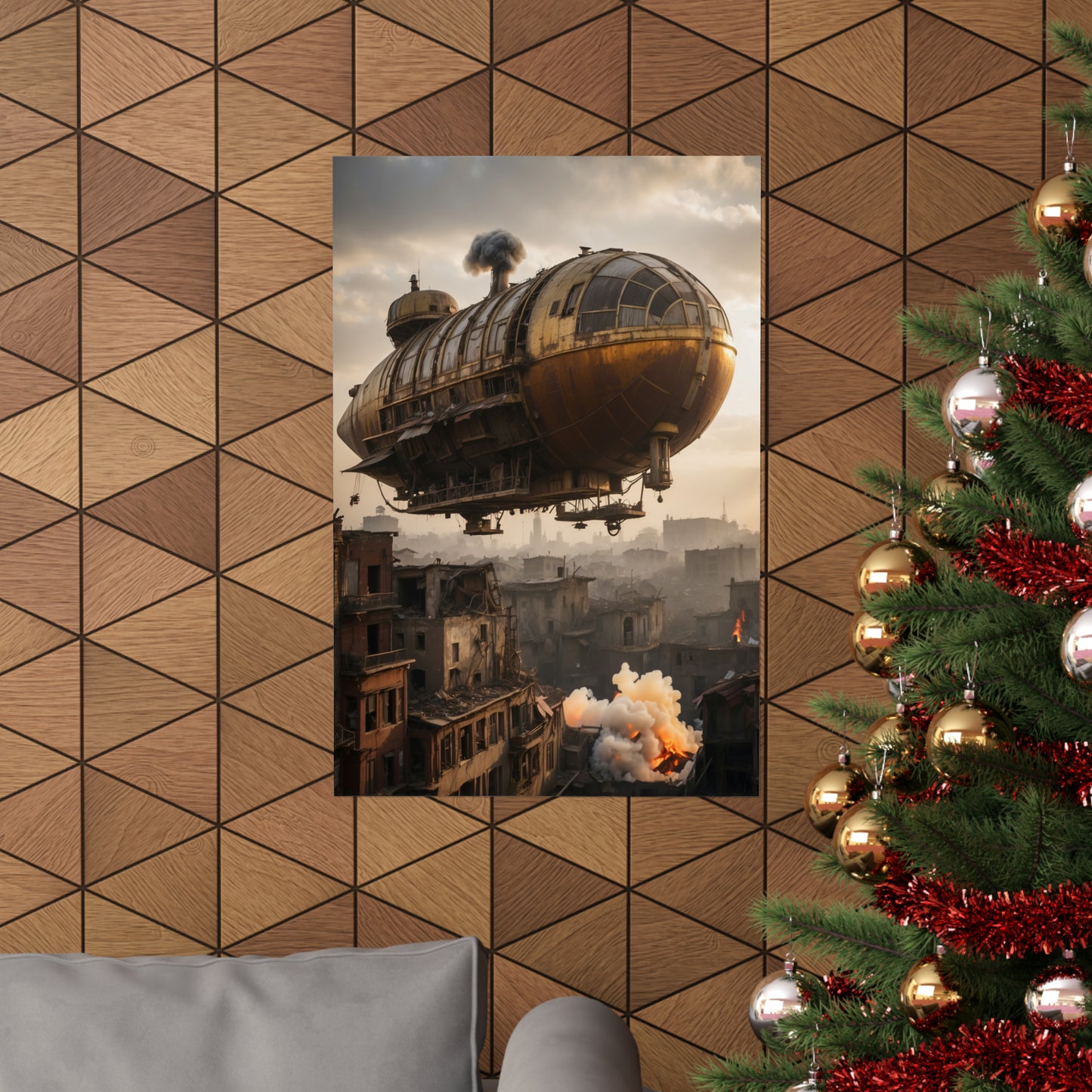 Steampunk Airship Poster - Rustic Dystopian Landscape Art Print - Wall Decor for Sci-Fi Enthusiasts - Great Gaming Room Decor