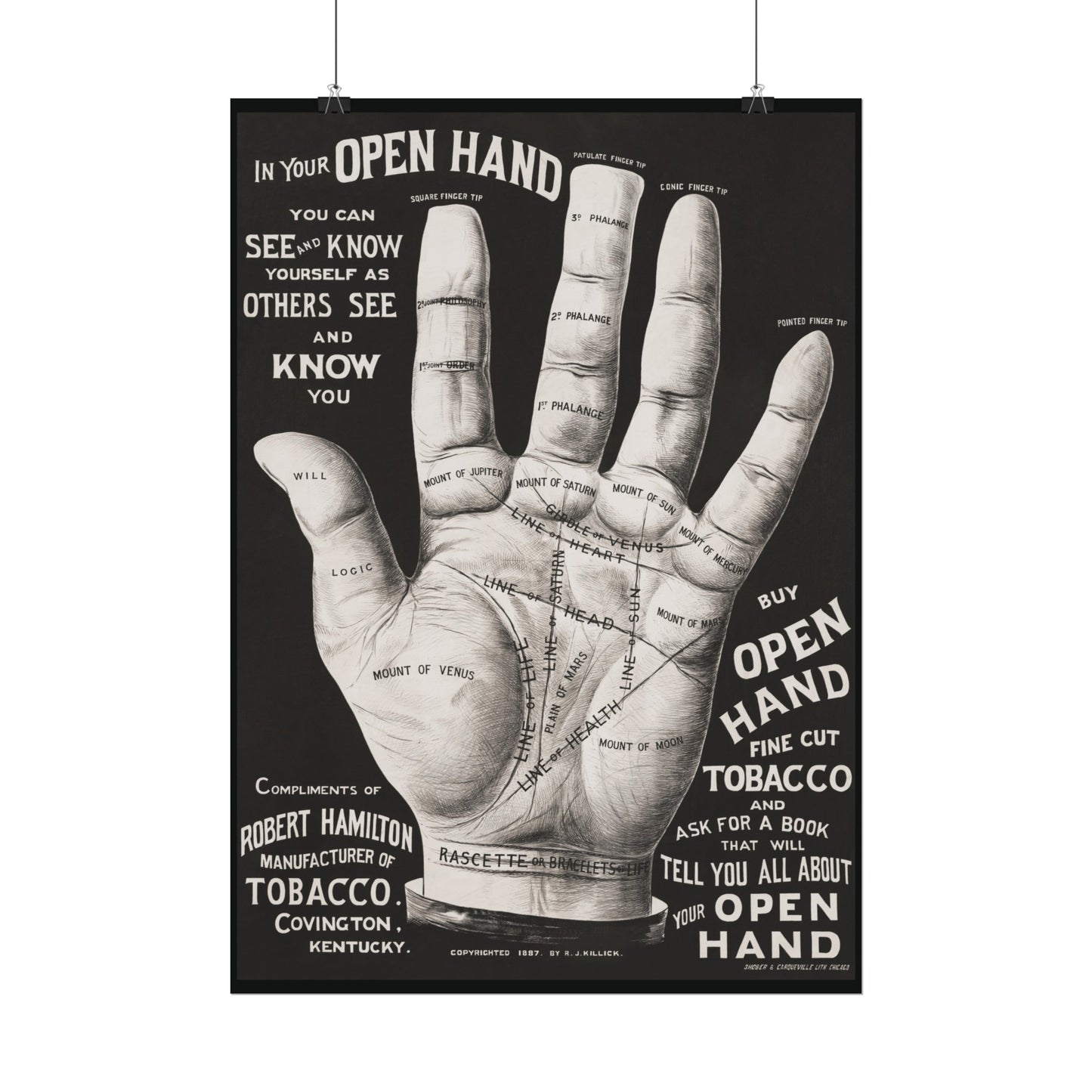 Vintage Palmistry Hand Poster | Open Hand Fine Cut Tobacco | Five Sizes Available | Retro Wall Art | Occult Décor | 1887 Advertisement