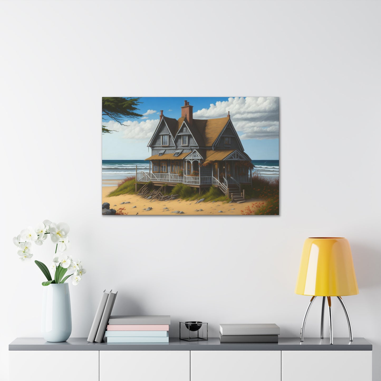 Coastal Retreat: Beach Cottage Canvas Wrap, Idyllic Coastal Landscapes, Serene Ocean Views, and Beachside Escapes, Sand Beaches.