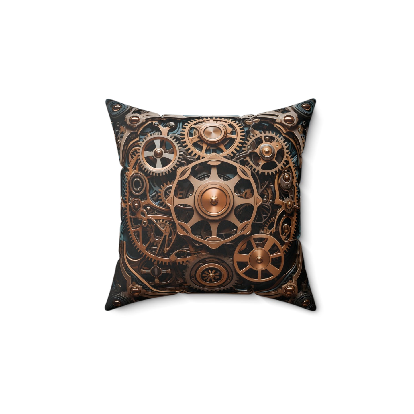 Steampunk Throw Pillow - Golden Gears on Blue, Spun Square Polyester Cushion for Home Decor, Unique Gift for Sci-Fi Fans