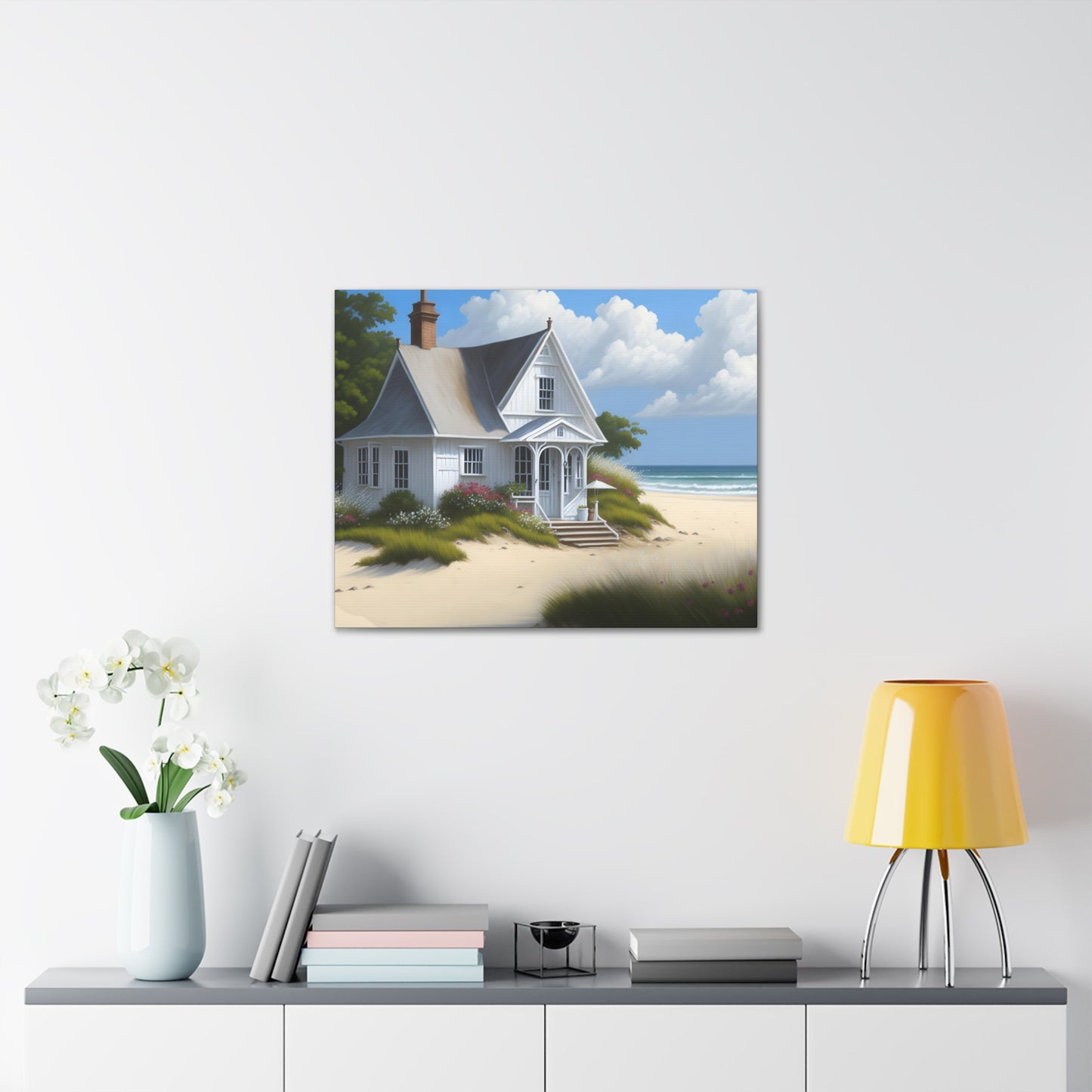 Coastal Retreat: Beach Cottage Canvas Wrap, Idyllic Coastal Landscapes, Serene Ocean Views, and Beachside Escapes, Sand Beaches.