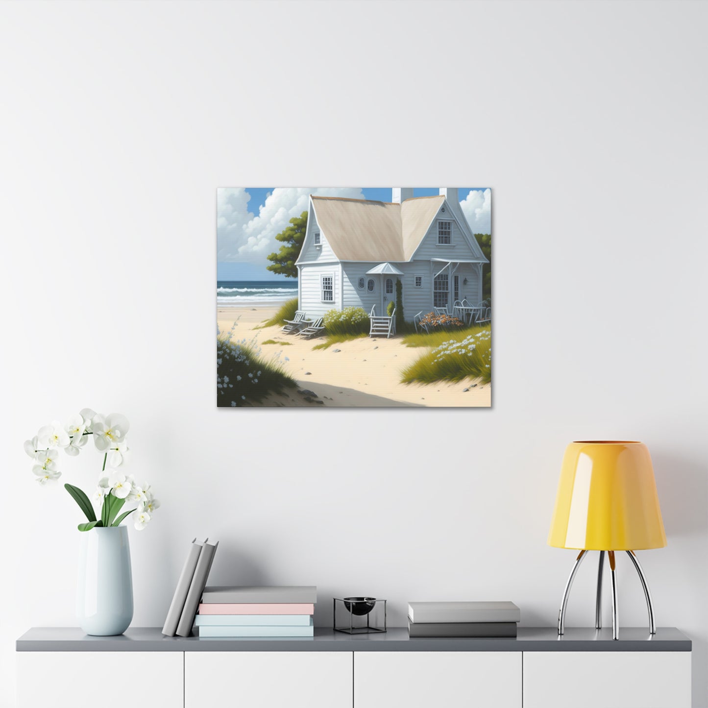 Coastal Retreat: Beach Cottage Canvas Wrap, Idyllic Coastal Landscapes, Serene Ocean Views, and Beachside Escapes, Sand Beaches.