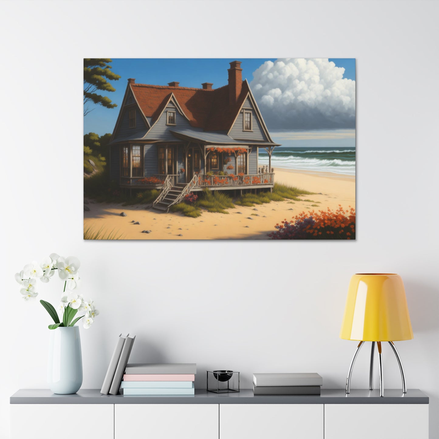 Coastal Retreat: Beach Cottage Canvas Wrap, Idyllic Coastal Landscapes, Serene Ocean Views, and Beachside Escapes, Sand Beaches.