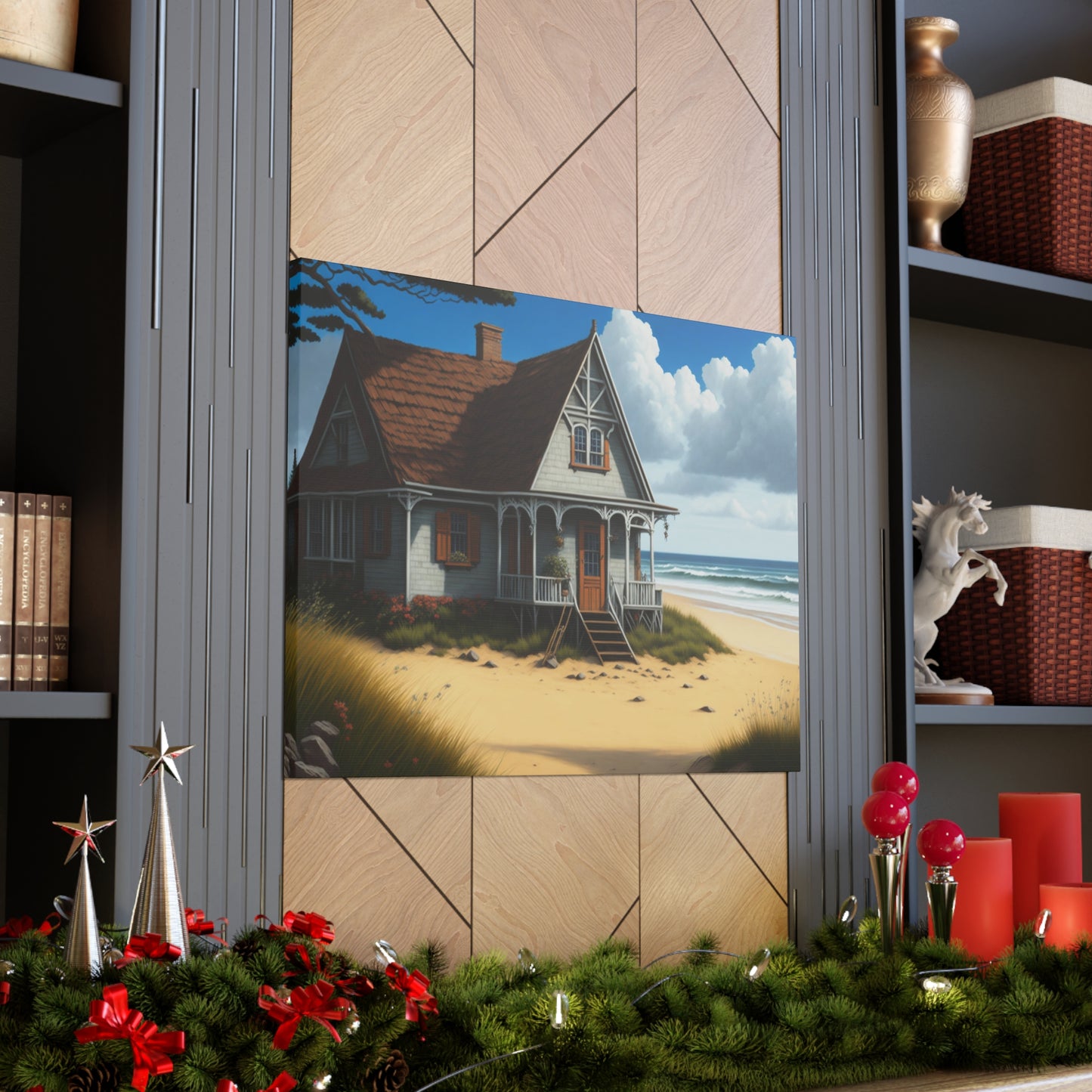 Coastal Retreat: Beach Cottage Canvas Wrap, Idyllic Coastal Landscapes, Serene Ocean Views, and Beachside Escapes, Sand Beaches.