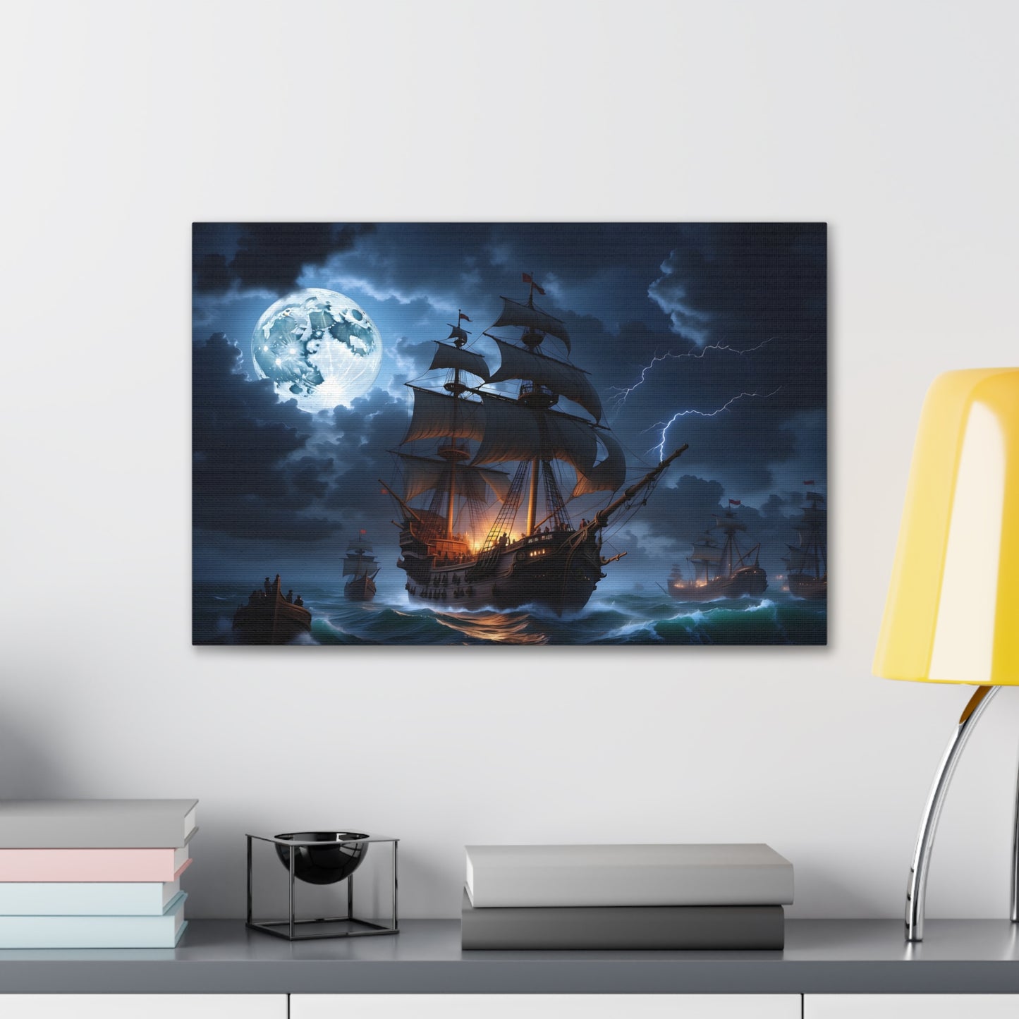 Vintage Naval Battle Canvas Print - Epic Sea Warfare with Tall Ships in Storm, Lightning Seascape Art, Gift for Historic Ship Fan