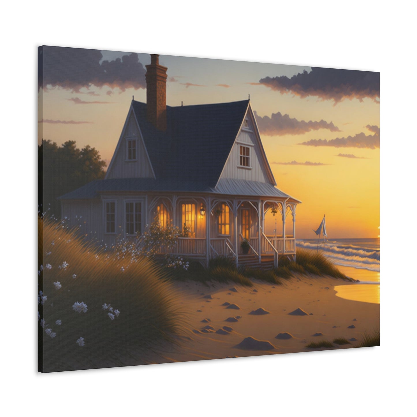 Coastal Retreat: Beach Cottage Canvas Wrap, Idyllic Coastal Landscapes, Serene Ocean Views, and Beachside Escapes, Sand Beaches.