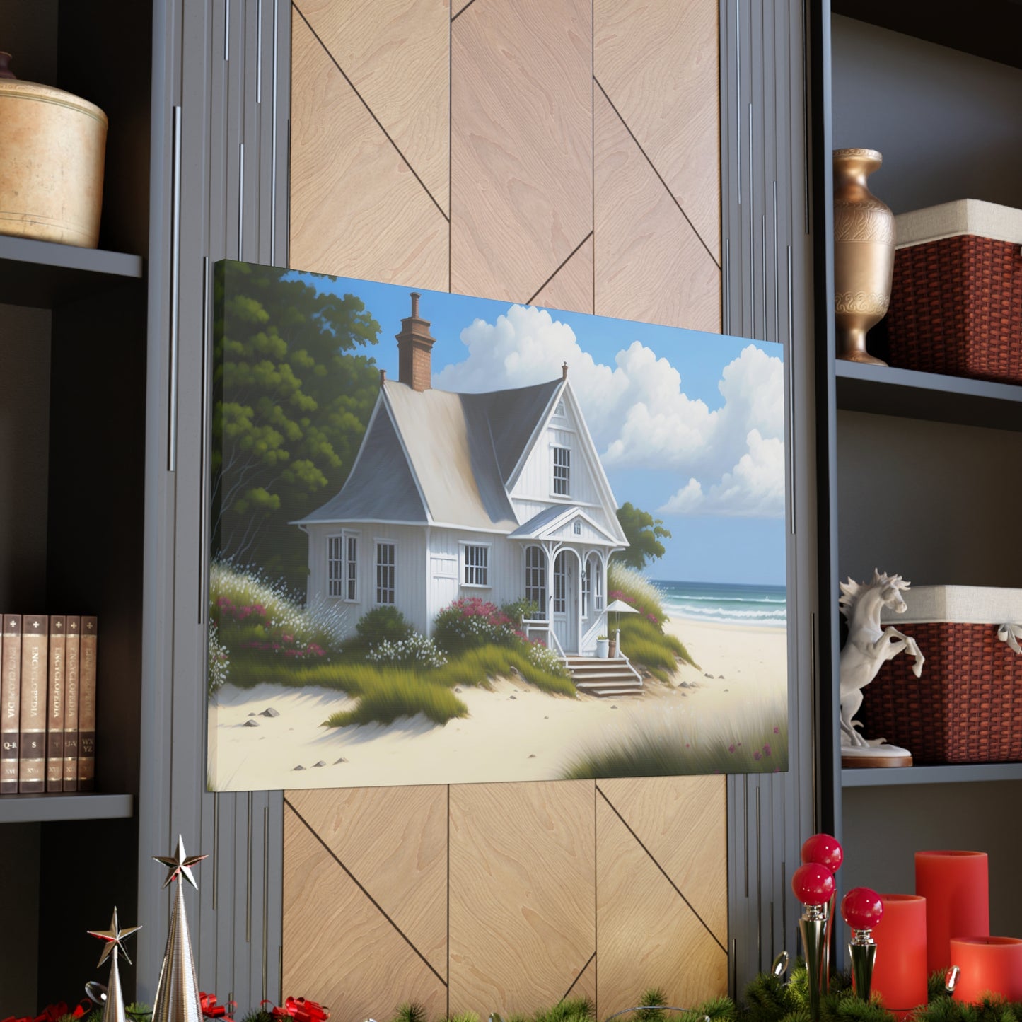 Coastal Retreat: Beach Cottage Canvas Wrap, Idyllic Coastal Landscapes, Serene Ocean Views, and Beachside Escapes, Sand Beaches.