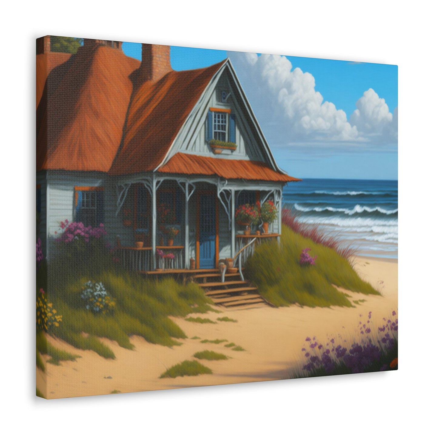 Coastal Retreat: Beach Cottage Canvas Wrap, Idyllic Coastal Landscapes, Serene Ocean Views, and Beachside Escapes, Sand Beaches.