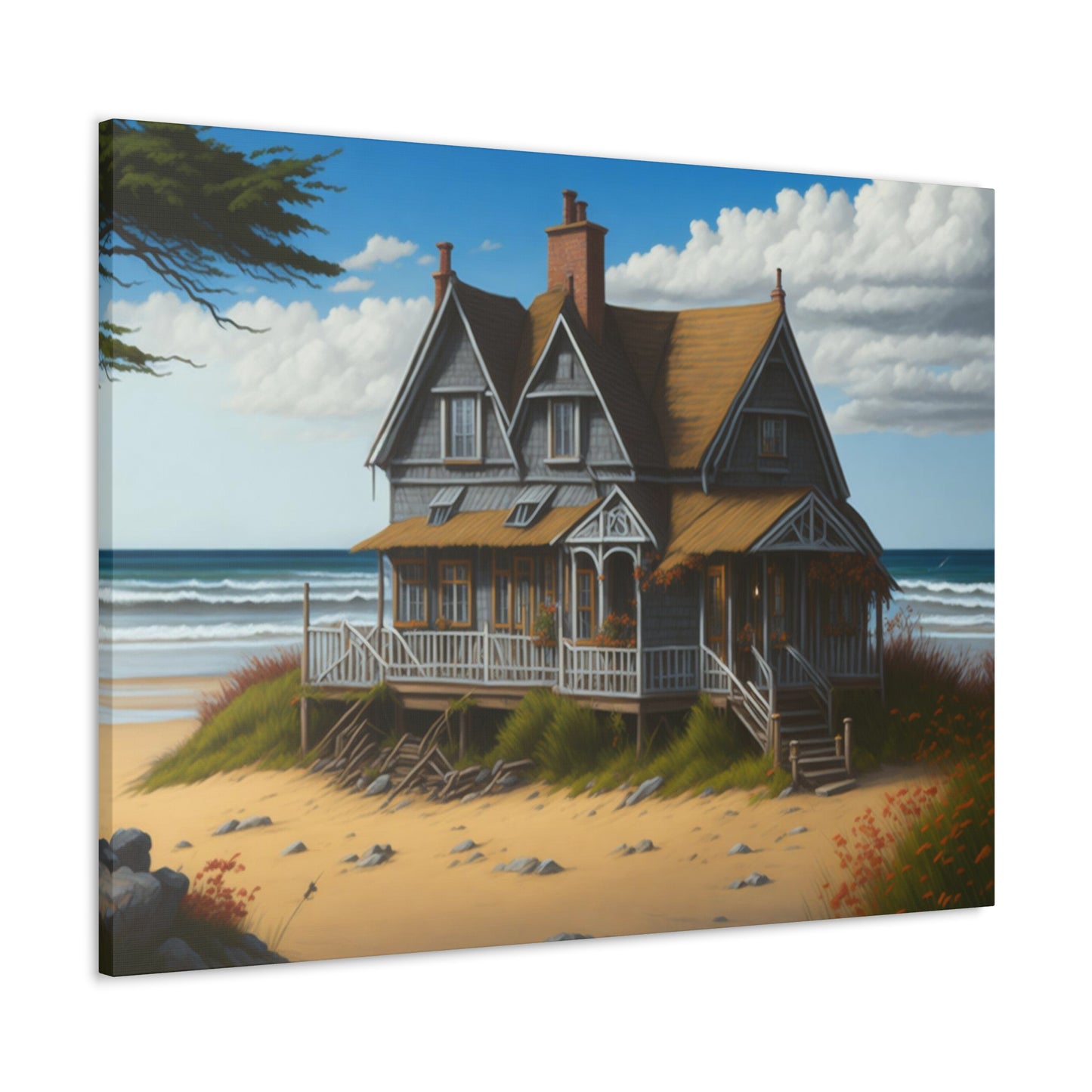 Coastal Retreat: Beach Cottage Canvas Wrap, Idyllic Coastal Landscapes, Serene Ocean Views, and Beachside Escapes, Sand Beaches.