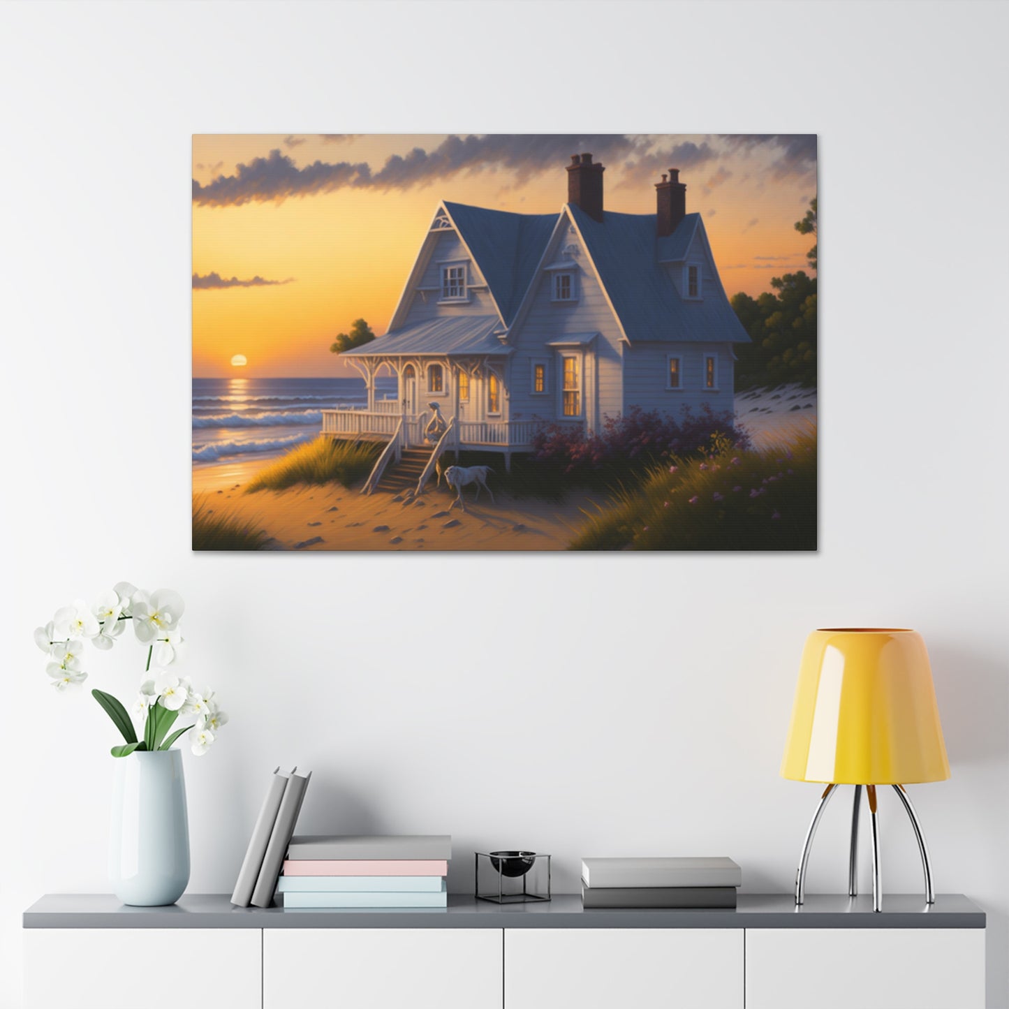 Coastal Retreat: Beach Cottage Canvas Wrap, Idyllic Coastal Landscapes, Serene Ocean Views, and Beachside Escapes, Sandy Beaches.