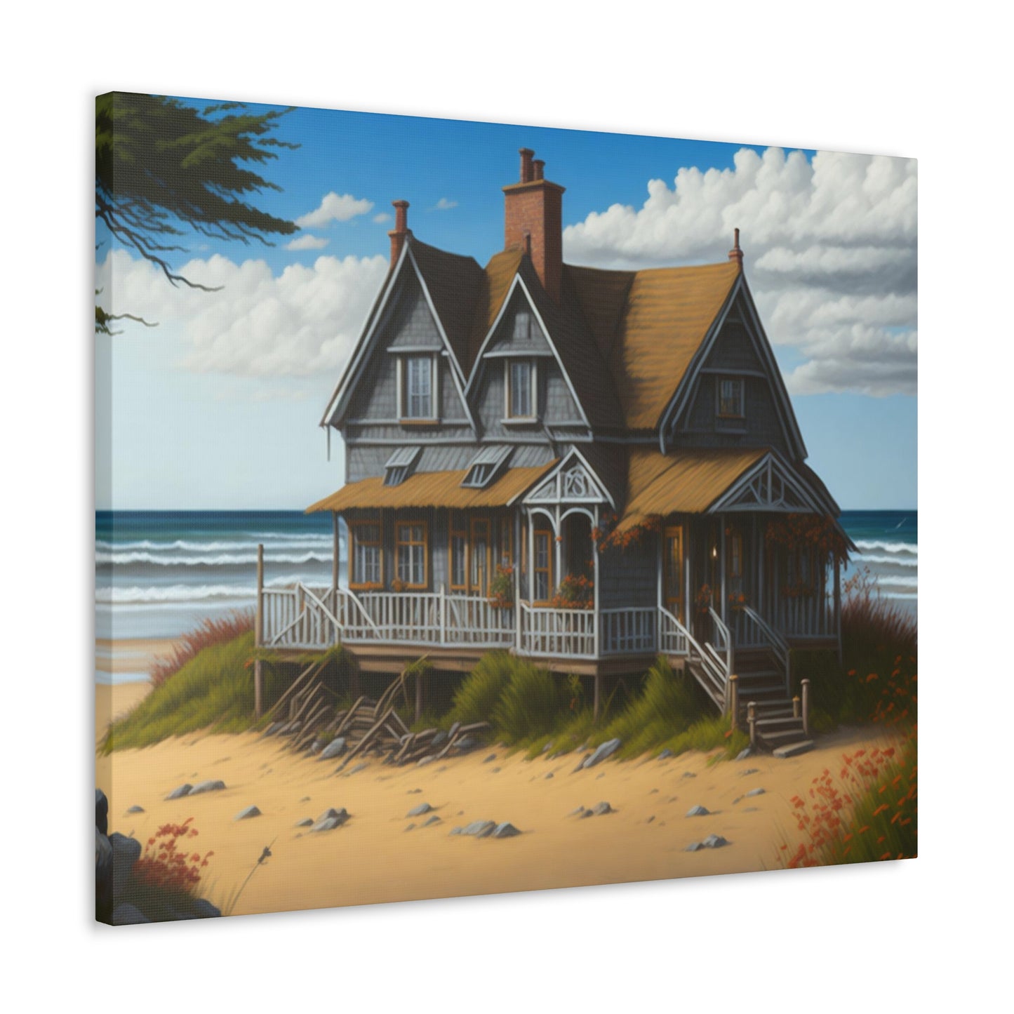 Coastal Retreat: Beach Cottage Canvas Wrap, Idyllic Coastal Landscapes, Serene Ocean Views, and Beachside Escapes, Sand Beaches.