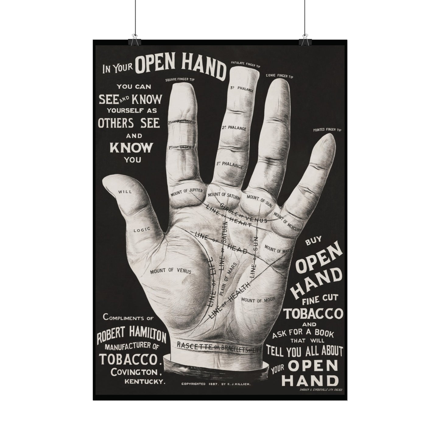 Vintage Palmistry Hand Poster | Open Hand Fine Cut Tobacco | Five Sizes Available | Retro Wall Art | Occult Décor | 1887 Advertisement