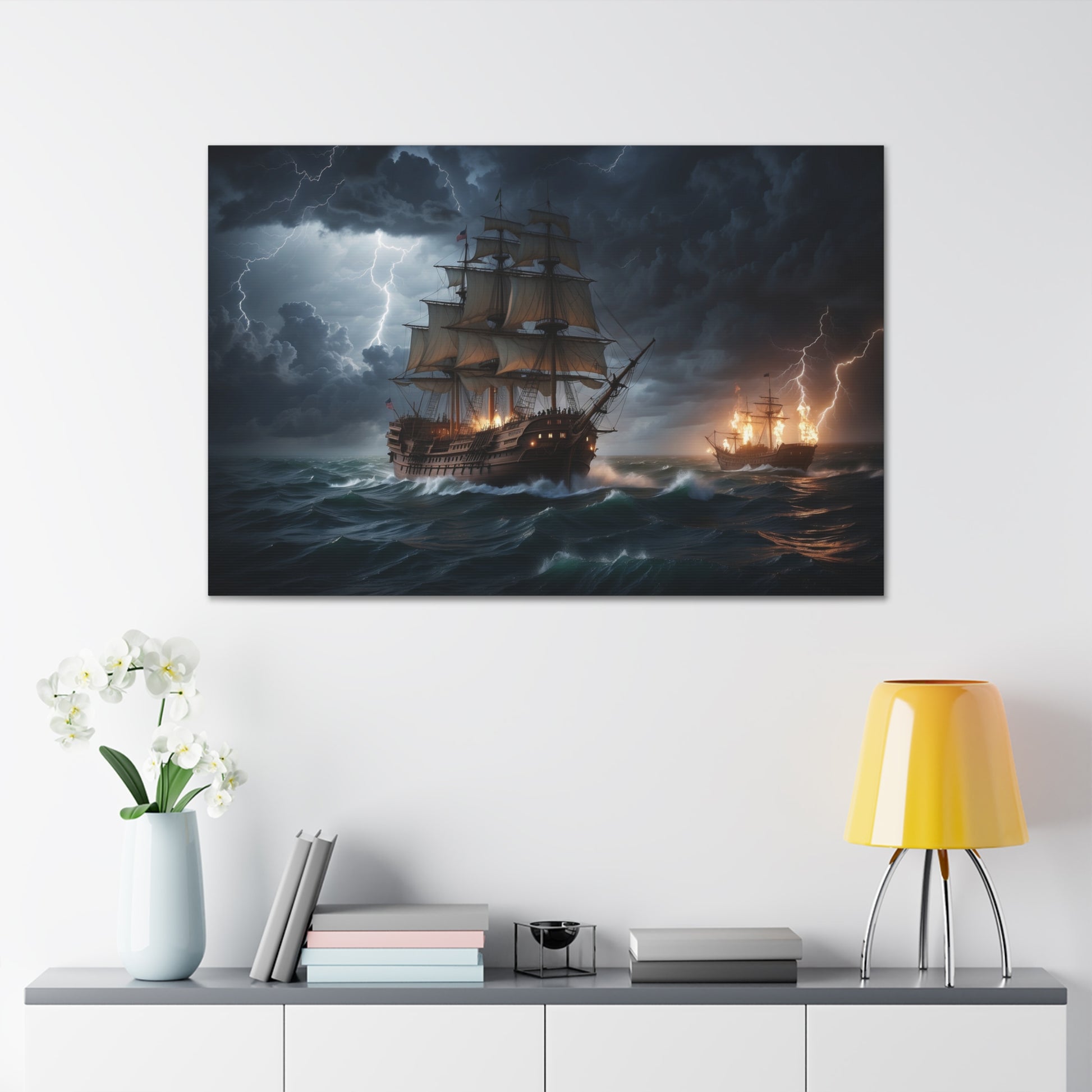 A canvas-wrapped print of a vintage tall ship at sea in battle during a storm. 