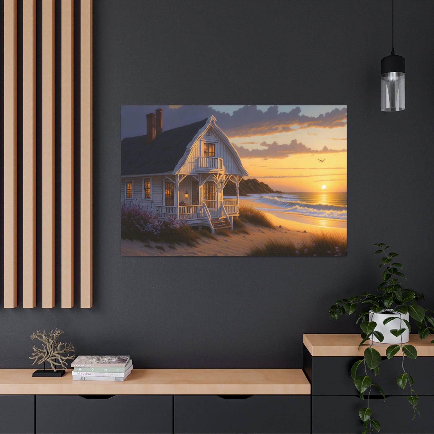 Coastal Retreat: Beach Cottage Canvas Wrap, Idyllic Coastal Landscapes, Serene Ocean Views, and Beachside Escapes, Sand Beaches.