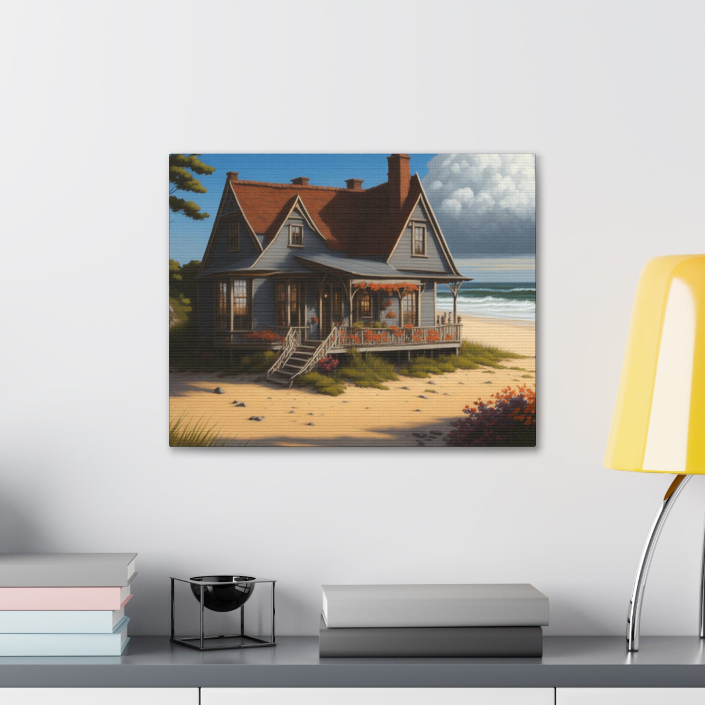 Coastal Retreat: Beach Cottage Canvas Wrap, Idyllic Coastal Landscapes, Serene Ocean Views, and Beachside Escapes, Sand Beaches.