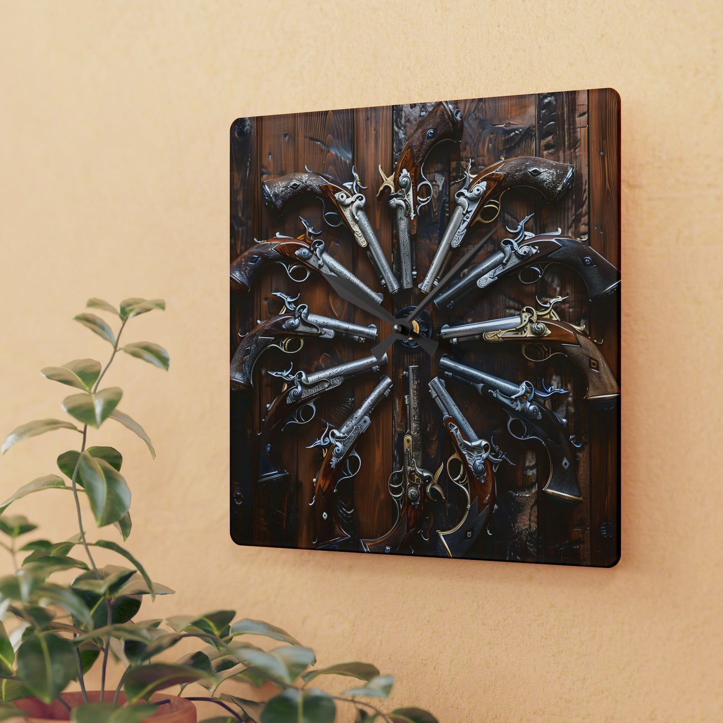 Antique Flint Pistol Clock -Vintage Gun-Themed Wall Clock - John Wick Style Decor - Available inTwo Sizes in Square and Round Shapes