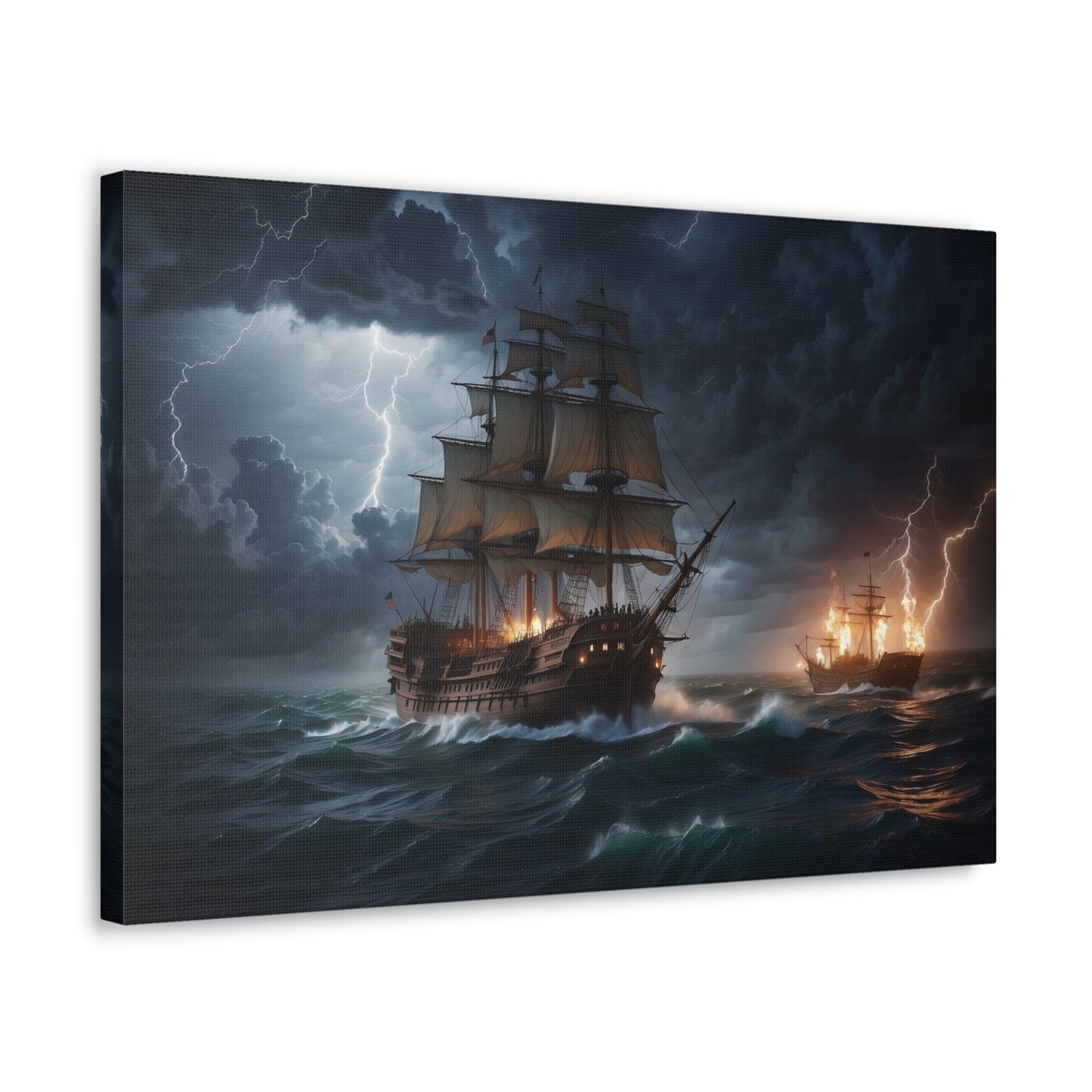 A canvas-wrapped print of a vintage tall ship at sea in battle during a storm. 