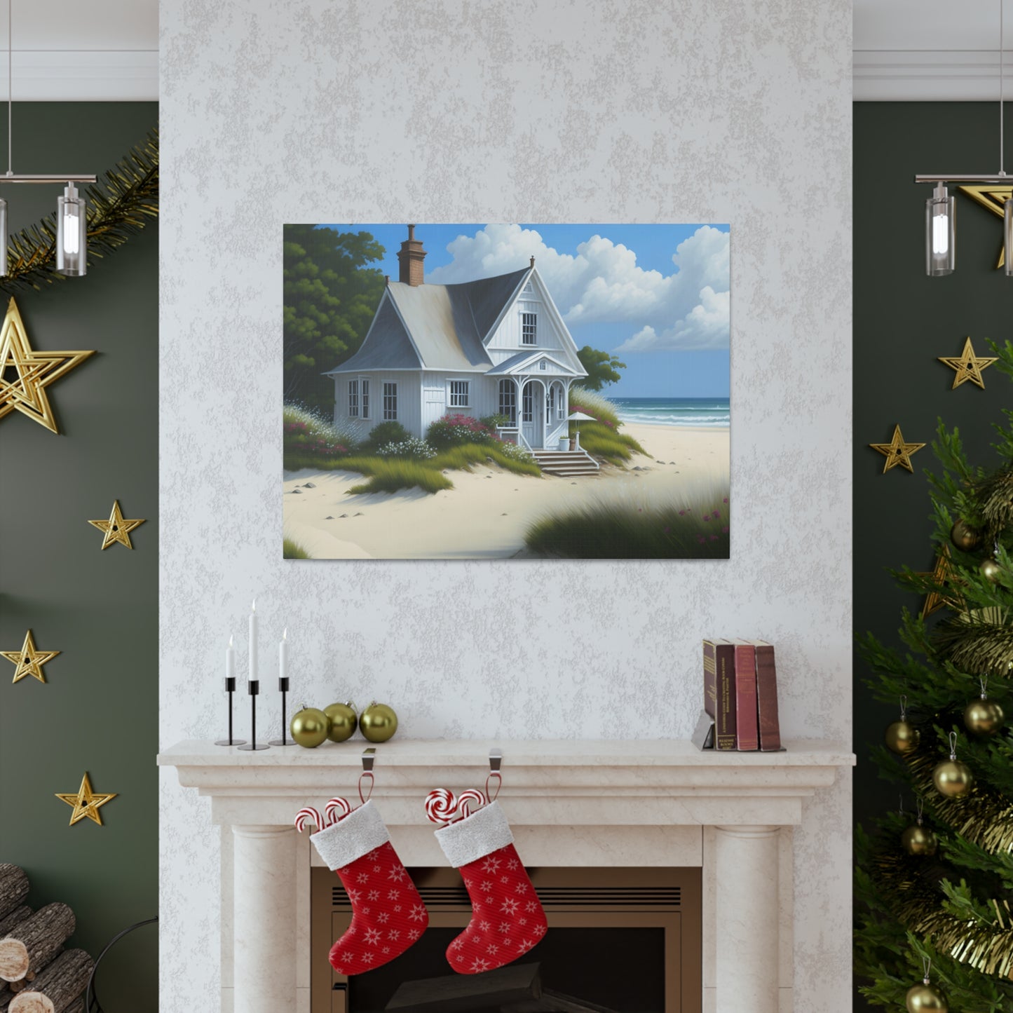 Coastal Retreat: Beach Cottage Canvas Wrap, Idyllic Coastal Landscapes, Serene Ocean Views, and Beachside Escapes, Sand Beaches.