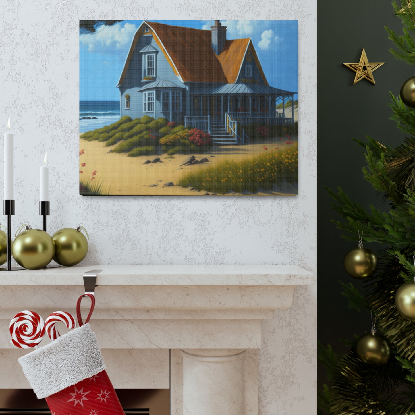 Coastal Retreat: Beach Cottage Canvas Wrap, Idyllic Coastal Landscapes, Serene Ocean Views, and Beachside Escapes, Sand Beaches.