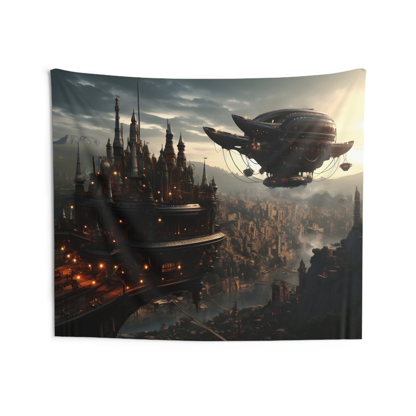 Dystopian Sunset Tapestry with Steampunk Airship, Surreal City Wall Decor, Aesthetic Room Accent, Creative Graduation Gift