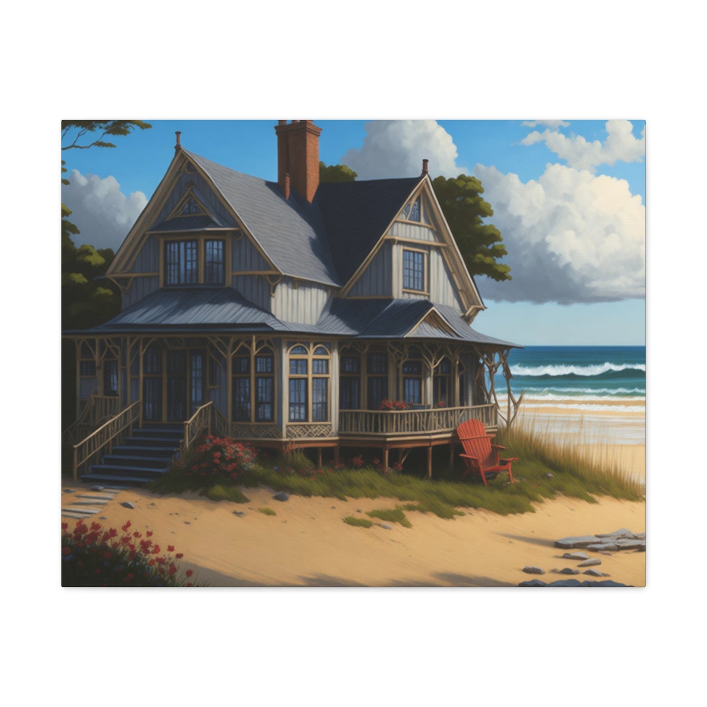 Coastal Retreat: Beach Cottage Canvas Wrap, Idyllic Coastal Landscapes, Serene Ocean Views, and Beachside Escapes, Sand Beaches.