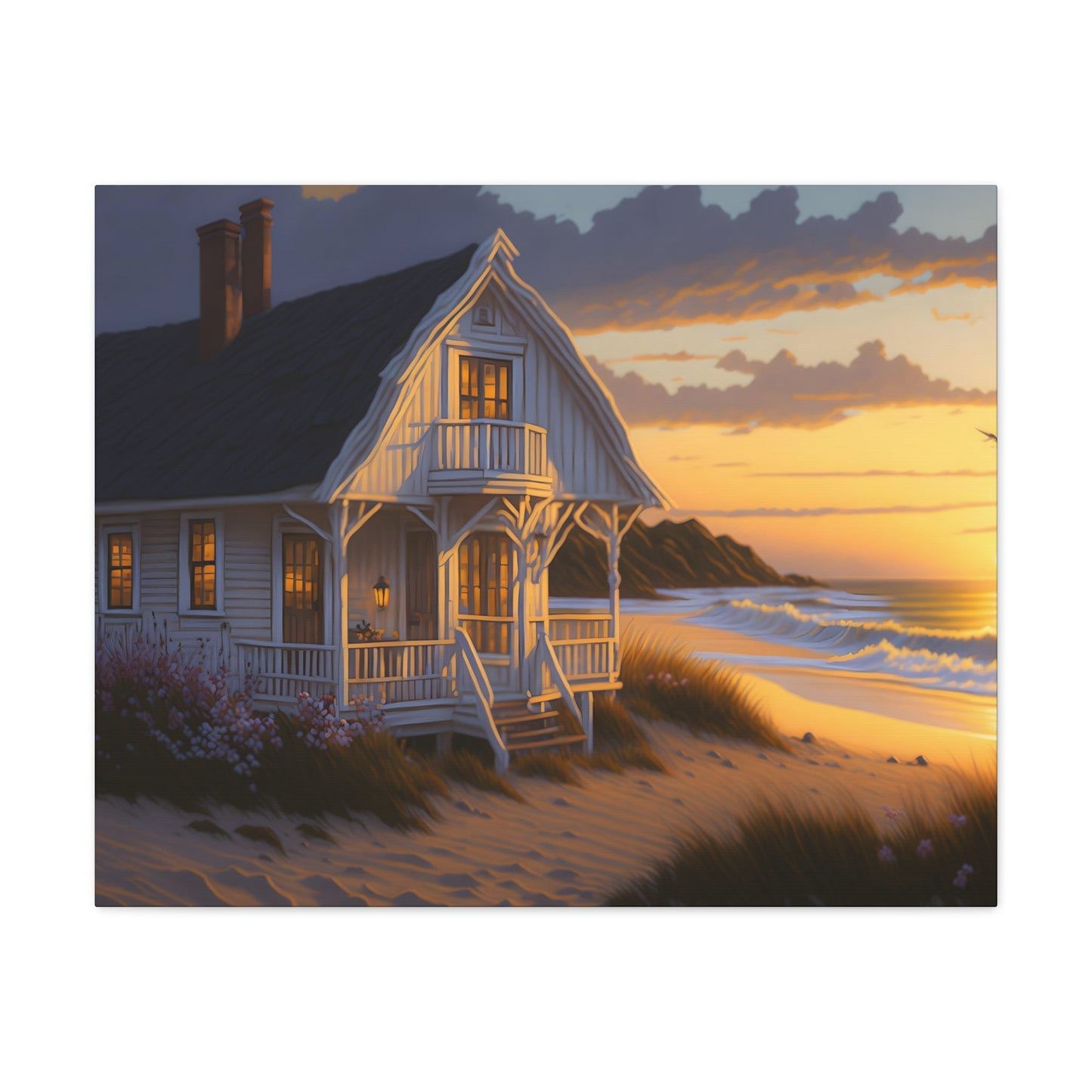 Coastal Retreat: Beach Cottage Canvas Wrap, Idyllic Coastal Landscapes, Serene Ocean Views, and Beachside Escapes, Sand Beaches.