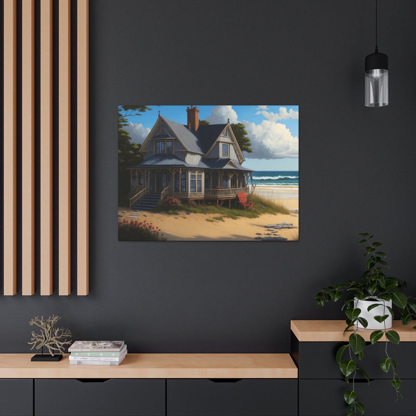 Coastal Retreat: Beach Cottage Canvas Wrap, Idyllic Coastal Landscapes, Serene Ocean Views, and Beachside Escapes, Sand Beaches.