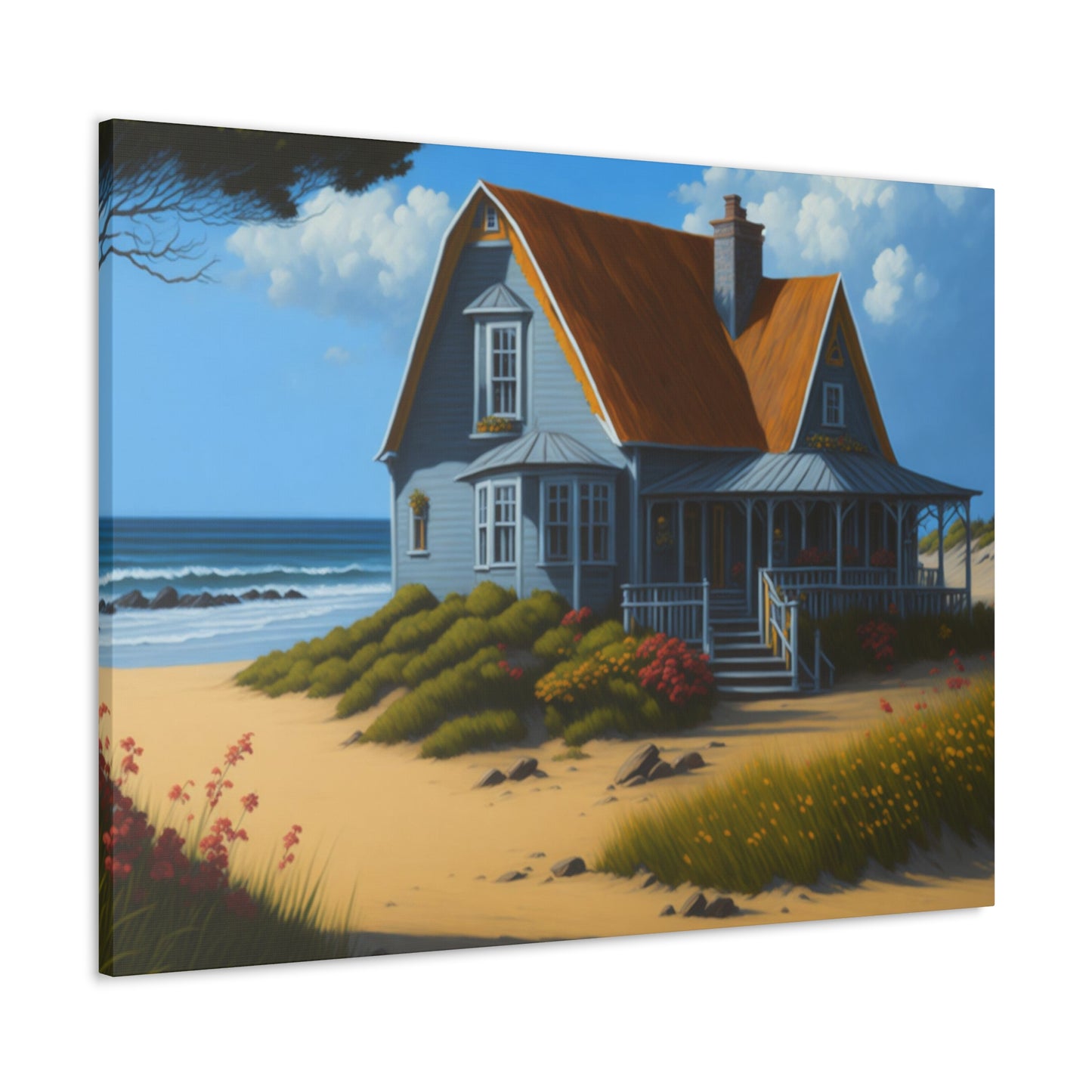 Coastal Retreat: Beach Cottage Canvas Wrap, Idyllic Coastal Landscapes, Serene Ocean Views, and Beachside Escapes, Sand Beaches.