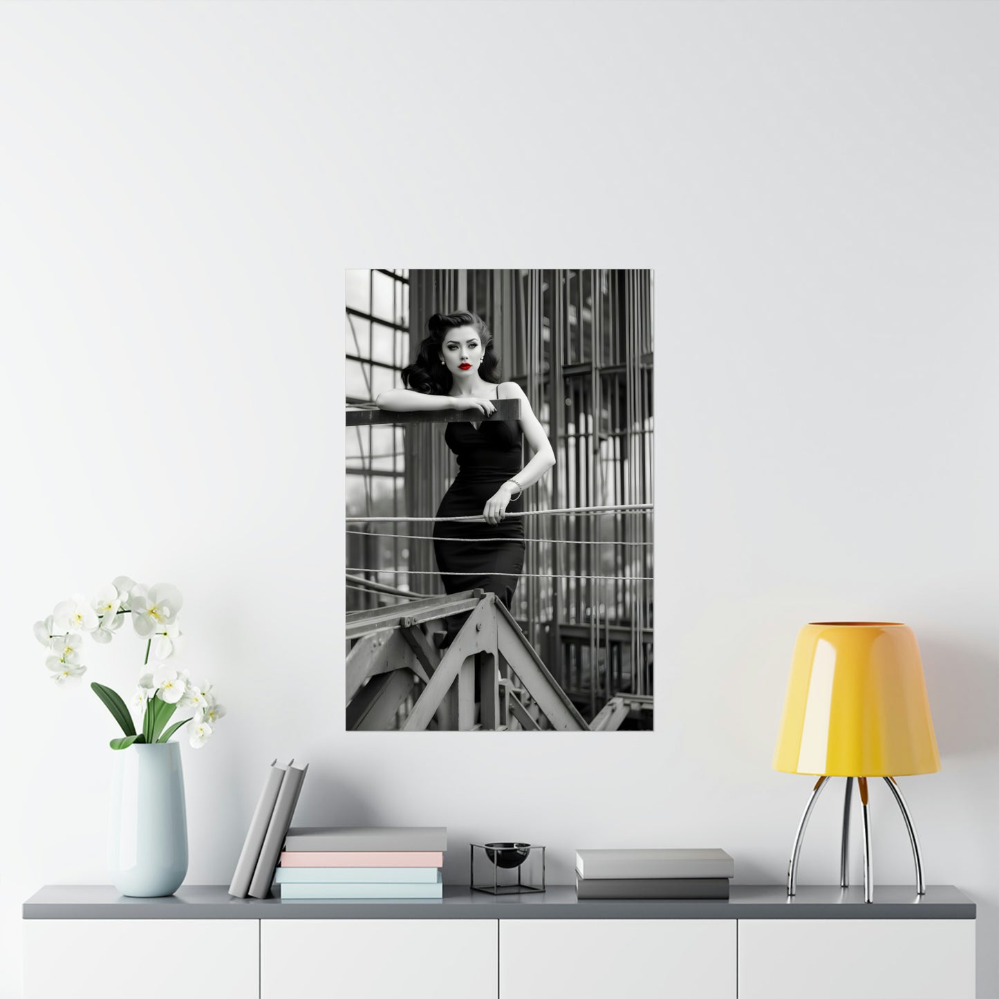 1950s-Inspired Monochrome Model Poster with Bold Red Lips - Retro Pin-Up Wall Art for Vintage Fashion Enthusiasts, Black and White Print