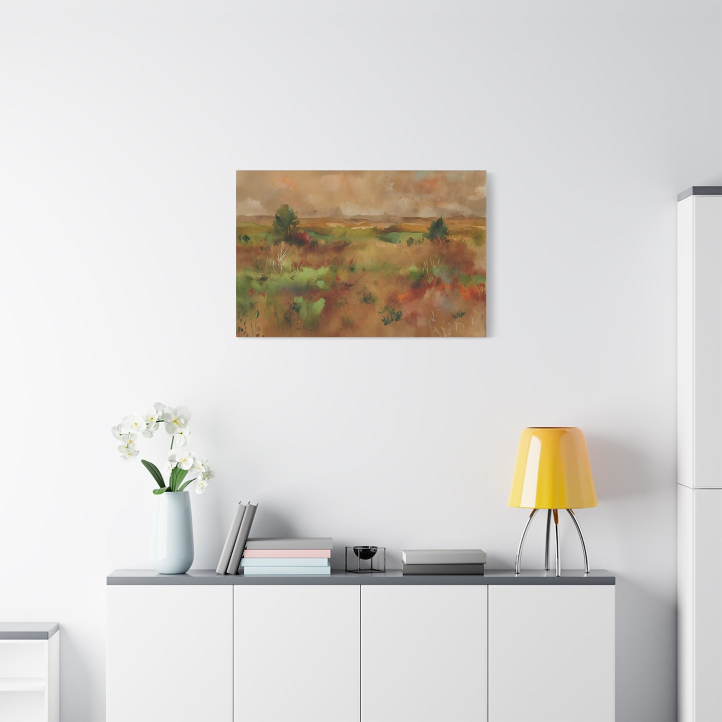 Autumn Meadow Watercolor Art Print, Large Canvas Wall Decor, Serene Landscape Painting, Nature-Inspired Home Decor, Multiple Sizes