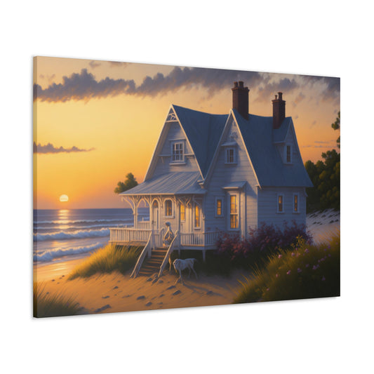Coastal Retreat: Beach Cottage Canvas Wrap, Idyllic Coastal Landscapes, Serene Ocean Views, and Beachside Escapes, Sandy Beaches.