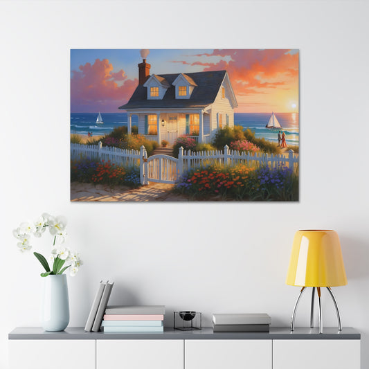 Sunset Beach Cottage Canvas Print | Coastal Wall Art | Six Sizes Available | Perfect for Home Décor | Ocean Painting | Seaside Retreat