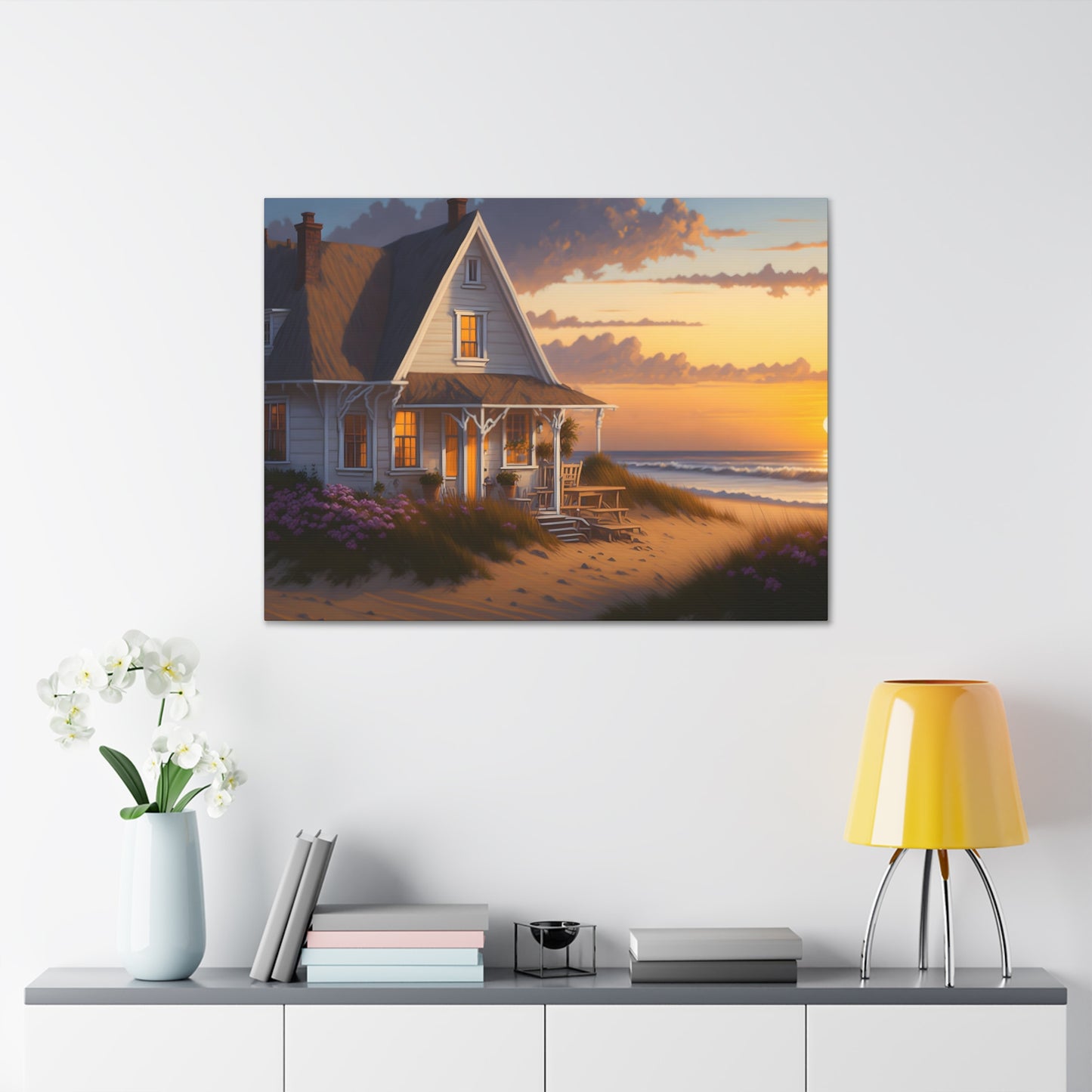 Coastal Retreat: Beach Cottage Canvas Wrap, Idyllic Coastal Landscapes, Serene Ocean Views, and Beachside Escapes Canvas Wrap Art