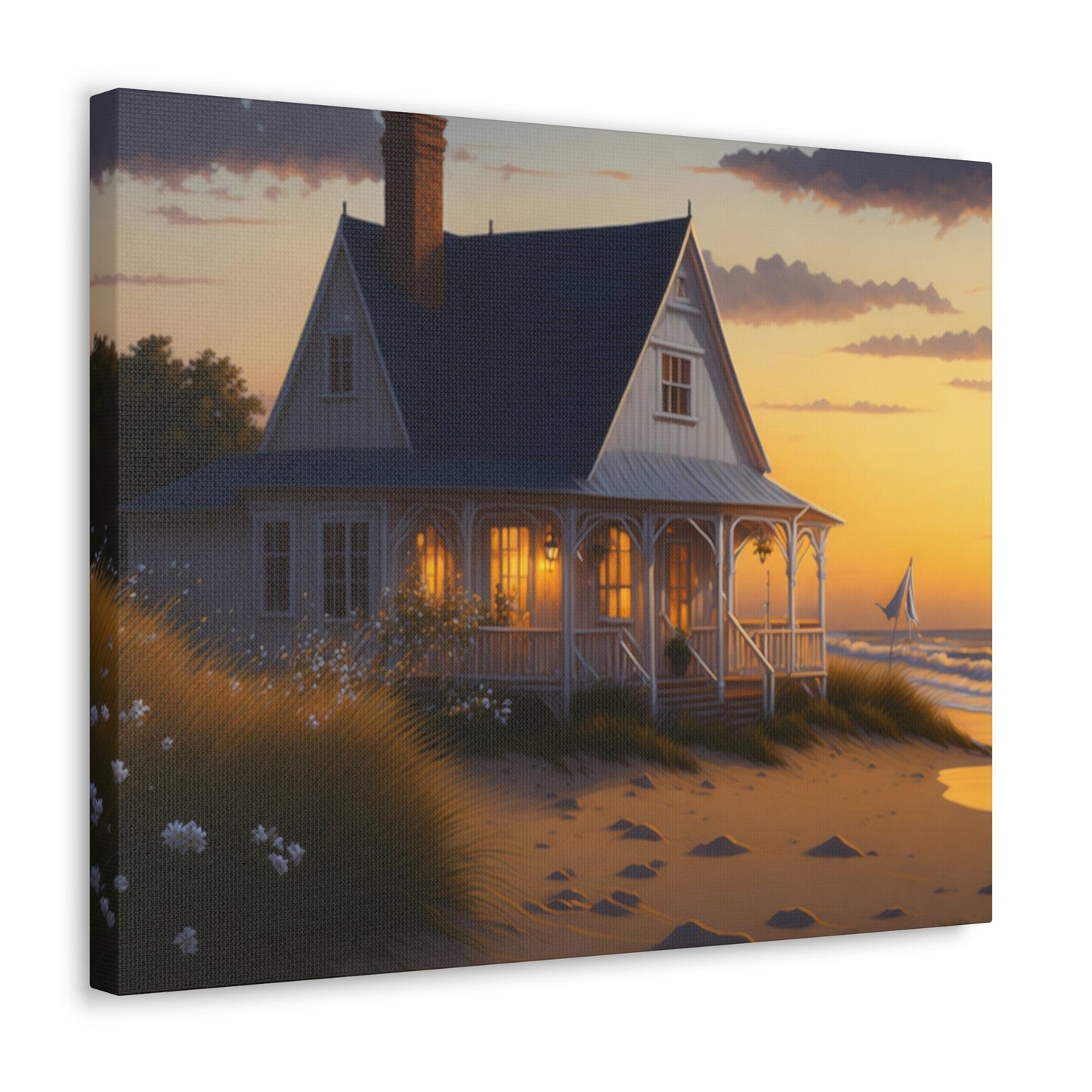 Coastal Retreat: Beach Cottage Canvas Wrap, Idyllic Coastal Landscapes, Serene Ocean Views, and Beachside Escapes, Sand Beaches.