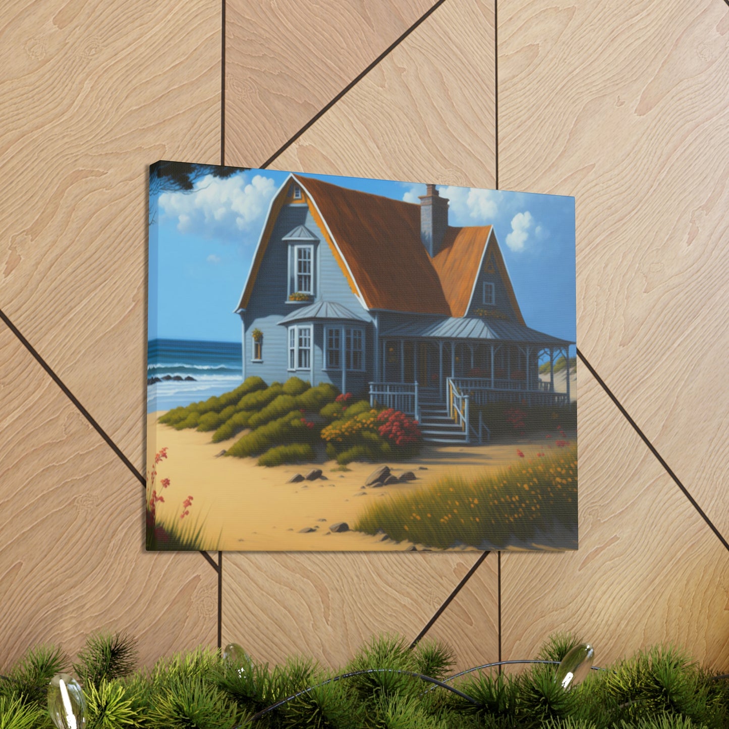 Coastal Retreat: Beach Cottage Canvas Wrap, Idyllic Coastal Landscapes, Serene Ocean Views, and Beachside Escapes, Sand Beaches.