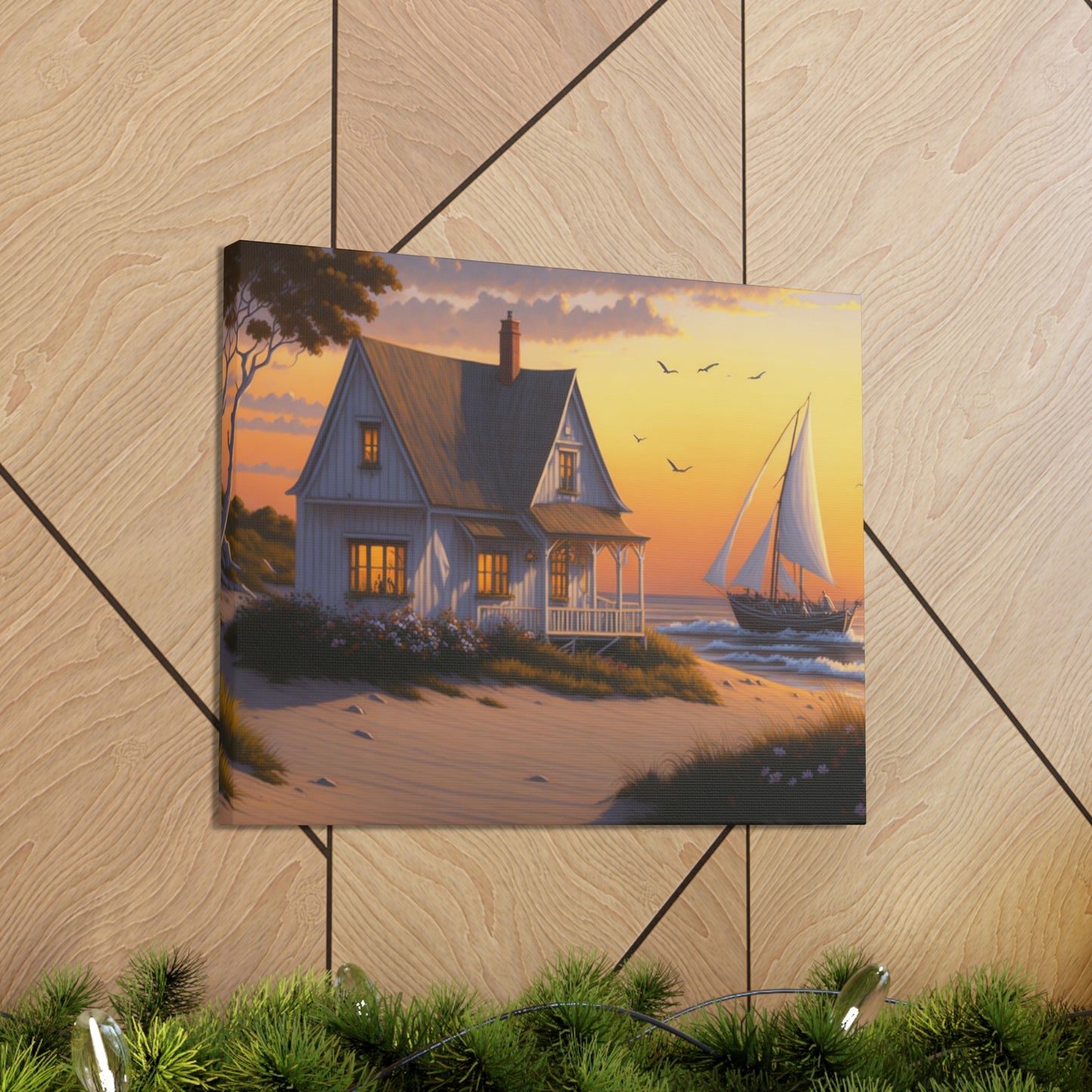 Coastal Retreat: Beach Cottage Canvas Wrap, Idyllic Coastal Landscapes, Serene Ocean Views, and Beachside Escapes, Sandy Beaches.