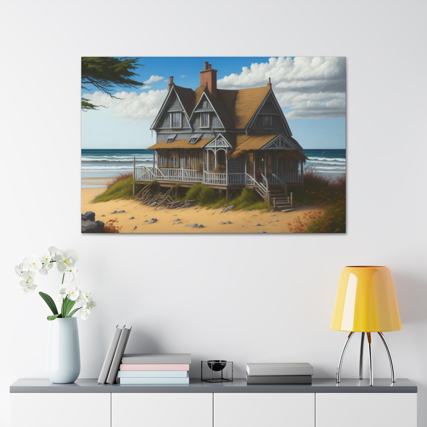 Coastal Retreat: Beach Cottage Canvas Wrap, Idyllic Coastal Landscapes, Serene Ocean Views, and Beachside Escapes, Sand Beaches.