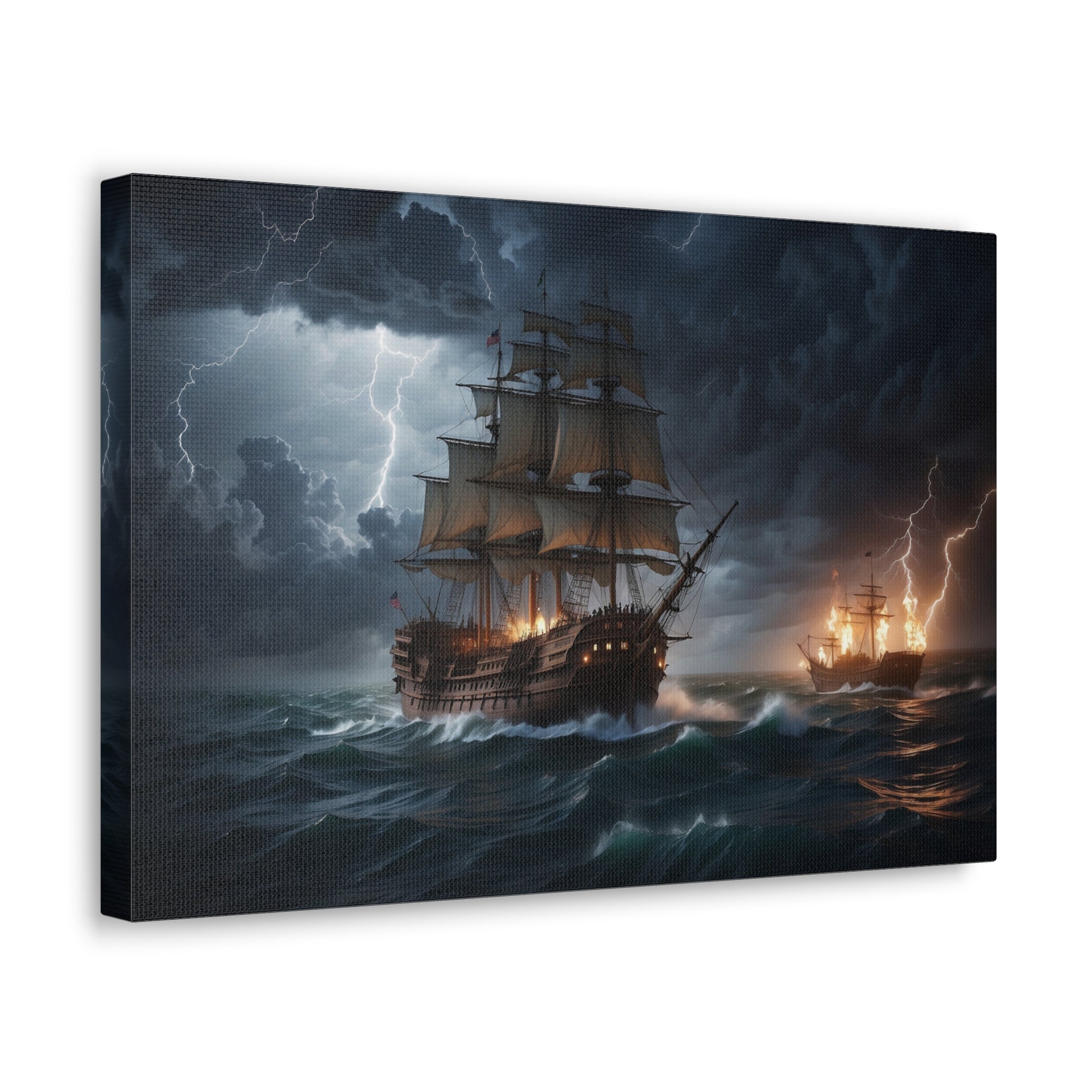 A canvas-wrapped print of a vintage tall ship at sea in battle during a storm. 