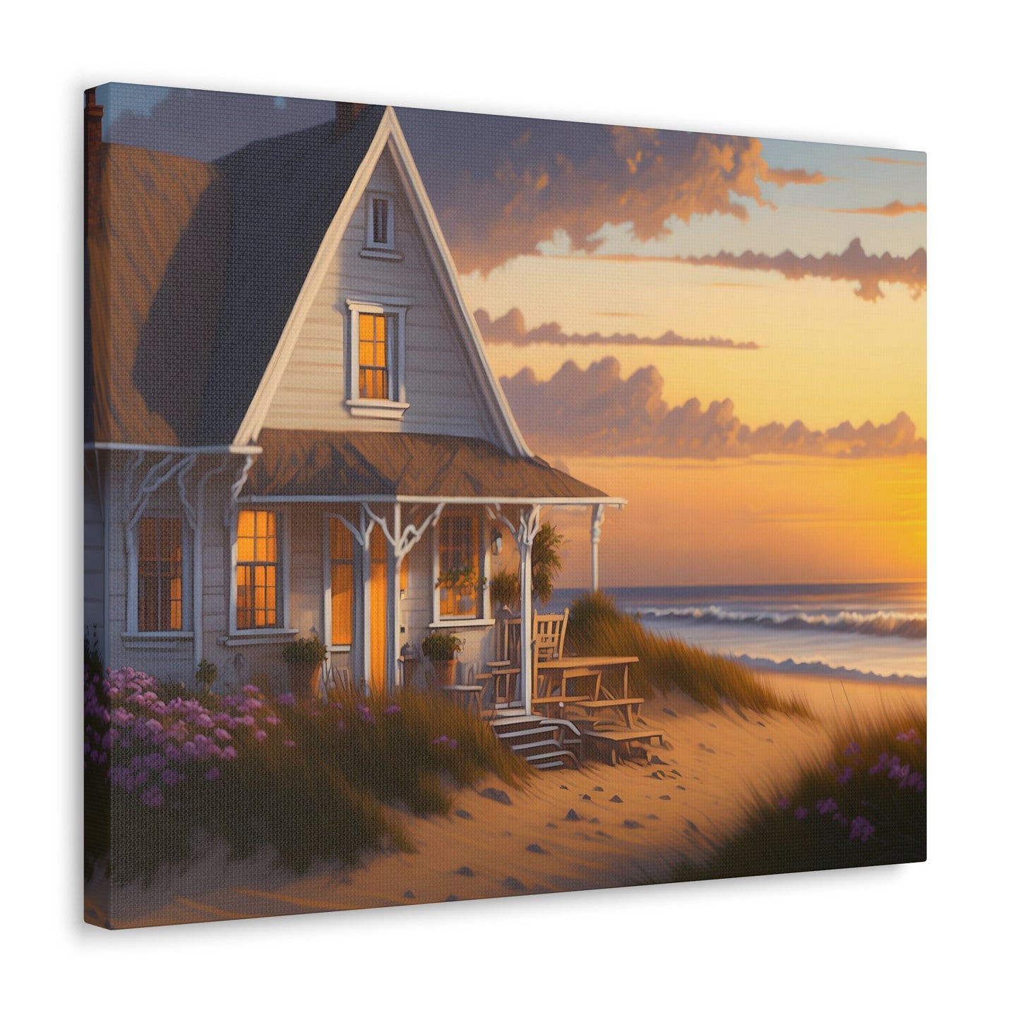 Coastal Retreat: Beach Cottage Canvas Wrap, Idyllic Coastal Landscapes, Serene Ocean Views, and Beachside Escapes Canvas Wrap Art