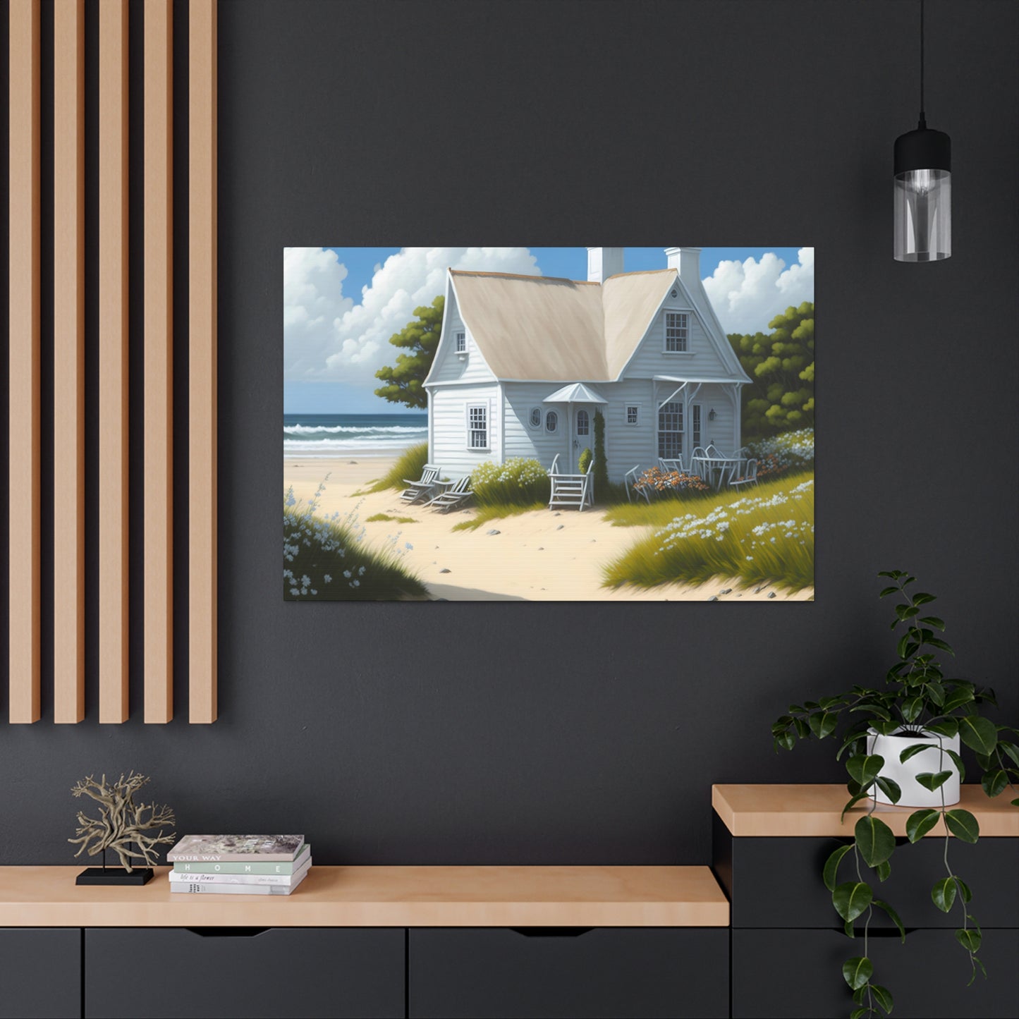 Coastal Retreat: Beach Cottage Canvas Wrap, Idyllic Coastal Landscapes, Serene Ocean Views, and Beachside Escapes, Sand Beaches.