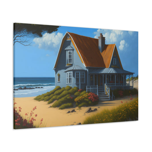 Coastal Retreat: Beach Cottage Canvas Wrap, Idyllic Coastal Landscapes, Serene Ocean Views, and Beachside Escapes, Sand Beaches.