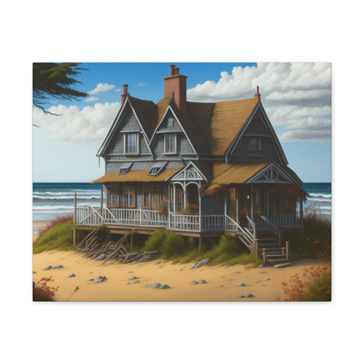 Coastal Retreat: Beach Cottage Canvas Wrap, Idyllic Coastal Landscapes, Serene Ocean Views, and Beachside Escapes, Sand Beaches.