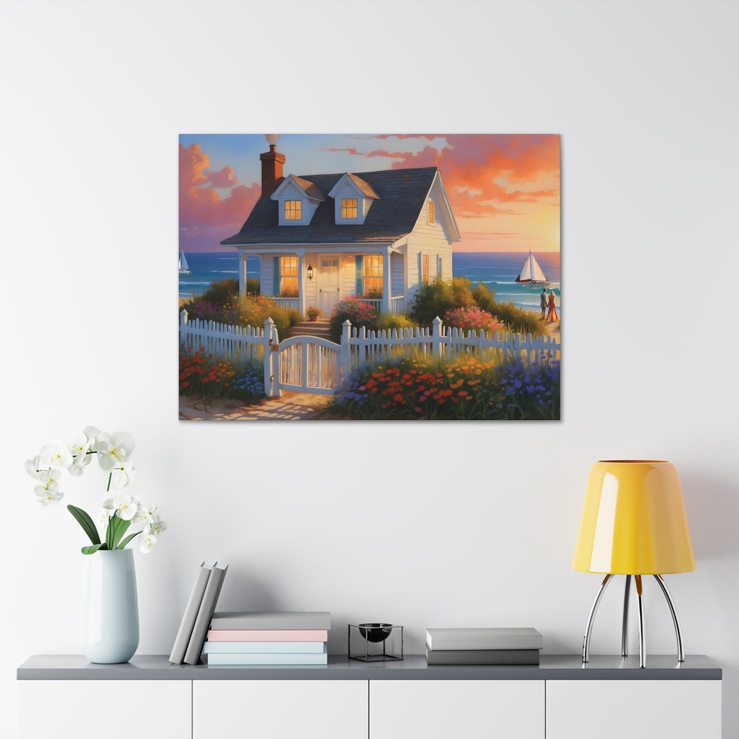 Sunset Beach Cottage Canvas Print | Coastal Wall Art | Six Sizes Available | Perfect for Home Décor | Ocean Painting | Seaside Retreat