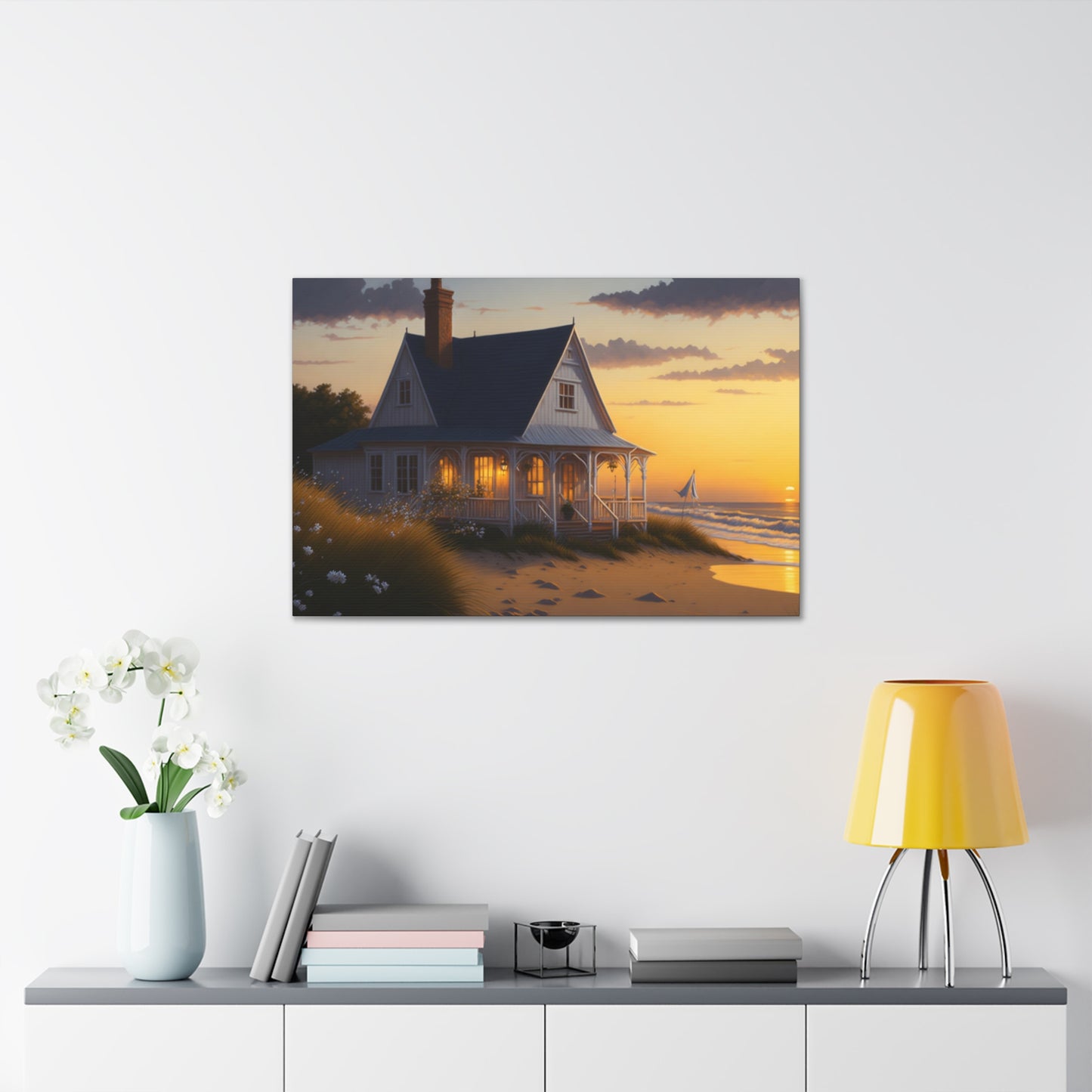 Coastal Retreat: Beach Cottage Canvas Wrap, Idyllic Coastal Landscapes, Serene Ocean Views, and Beachside Escapes, Sand Beaches.