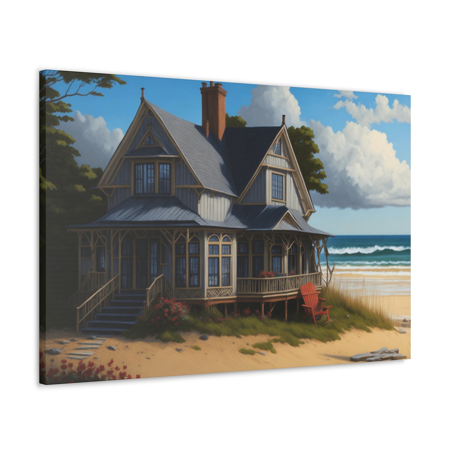 Coastal Retreat: Beach Cottage Canvas Wrap, Idyllic Coastal Landscapes, Serene Ocean Views, and Beachside Escapes, Sand Beaches.