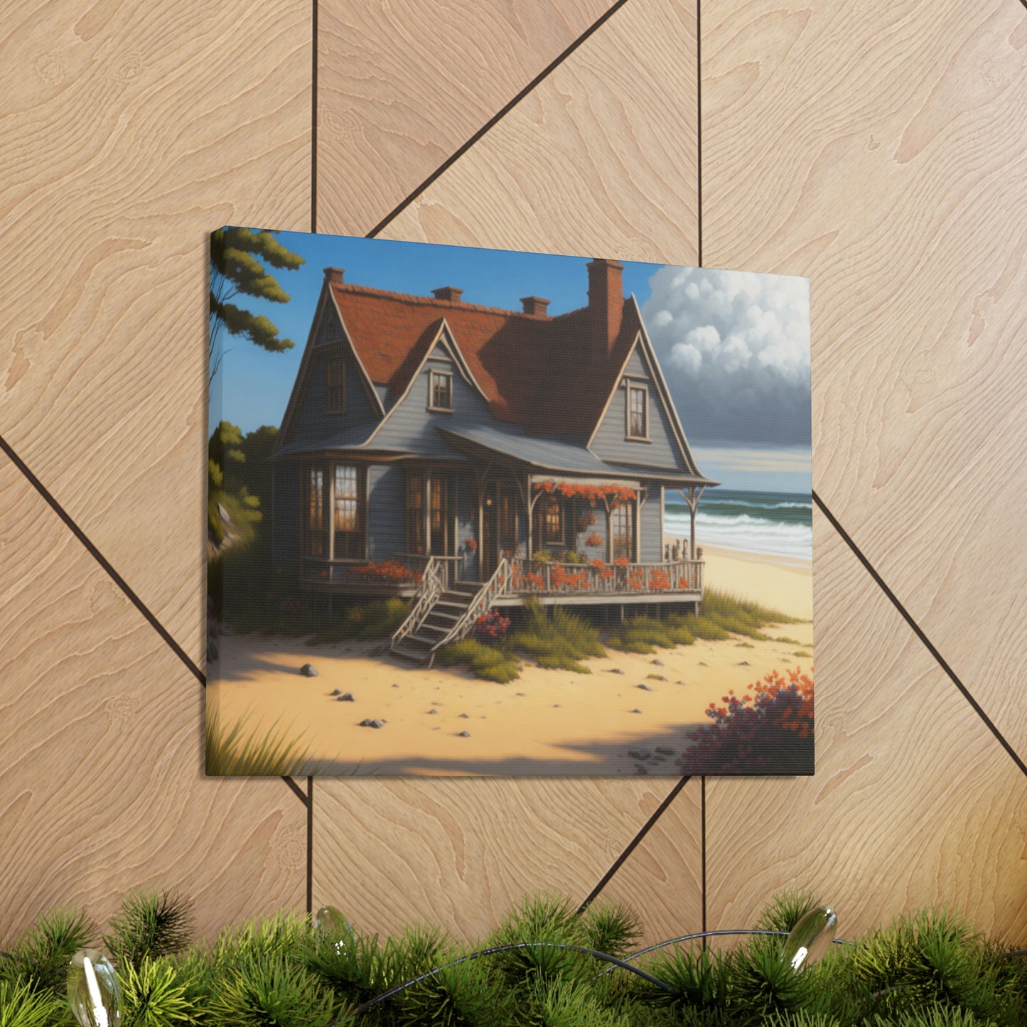 Coastal Retreat: Beach Cottage Canvas Wrap, Idyllic Coastal Landscapes, Serene Ocean Views, and Beachside Escapes, Sand Beaches.