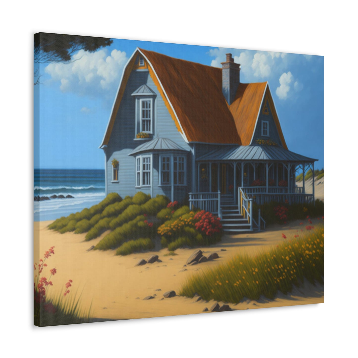 Coastal Retreat: Beach Cottage Canvas Wrap, Idyllic Coastal Landscapes, Serene Ocean Views, and Beachside Escapes, Sand Beaches.