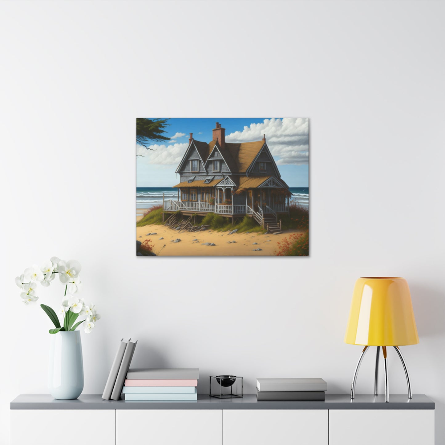 Coastal Retreat: Beach Cottage Canvas Wrap, Idyllic Coastal Landscapes, Serene Ocean Views, and Beachside Escapes, Sand Beaches.