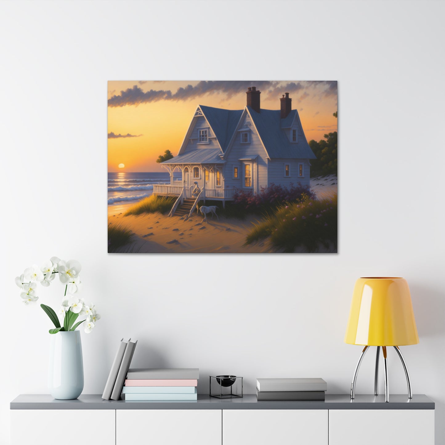 Coastal Retreat: Beach Cottage Canvas Wrap, Idyllic Coastal Landscapes, Serene Ocean Views, and Beachside Escapes, Sandy Beaches.