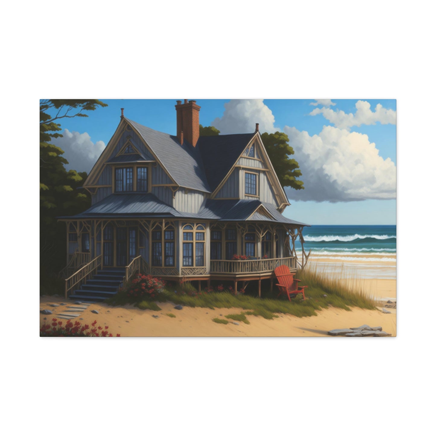 Coastal Retreat: Beach Cottage Canvas Wrap, Idyllic Coastal Landscapes, Serene Ocean Views, and Beachside Escapes, Sand Beaches.